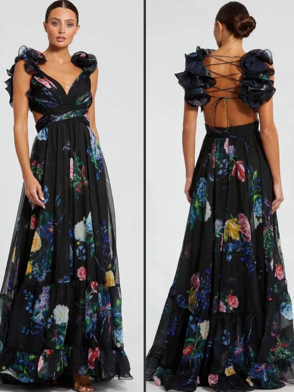 NWT MAC DUGGAL Black Ruffle Tiered Floral Cut-Out Chiffon Gown Size 12